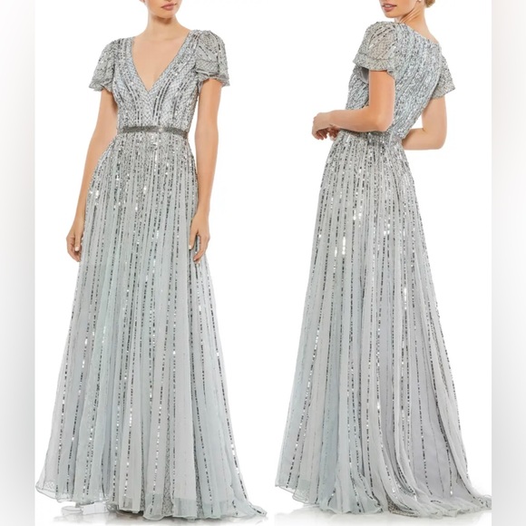 Mac Duggal Dresses & Skirts - New Mac Duggal Sequin Stripe Tulle Gown Slate Blue Size 2